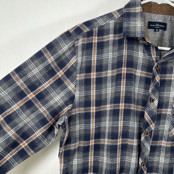 Rue Saint-Patrick Montreal Button Up Flannel Shirt Mens Medium Blue Orange Plaid - Picture 8 of 14